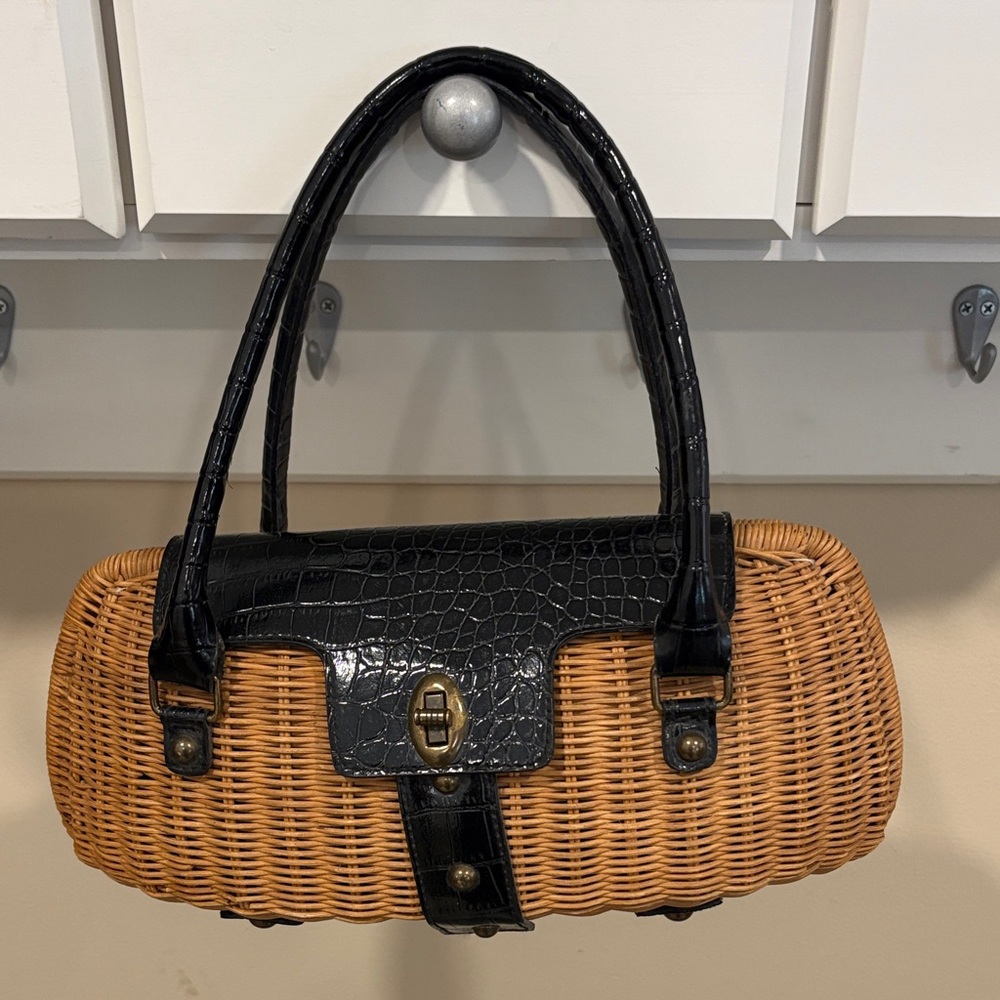 Vintage Woven Rattan Hand Bag Purse with Faux Croc Trim